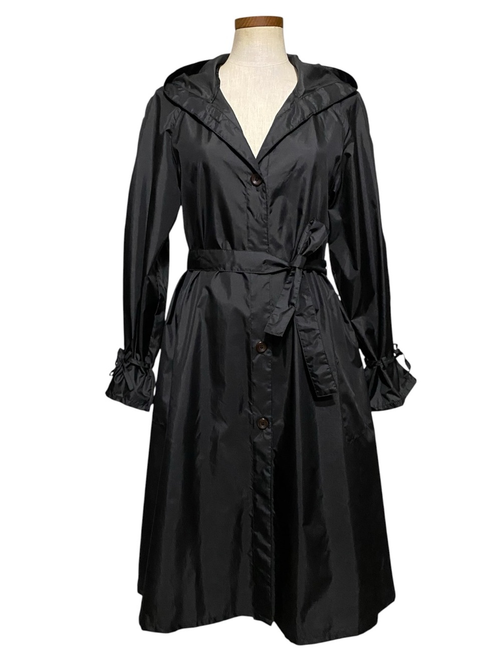 Vintage Totes Black Nylon Hooded Belted Raincoat 10 Dark Mori Goth Lite